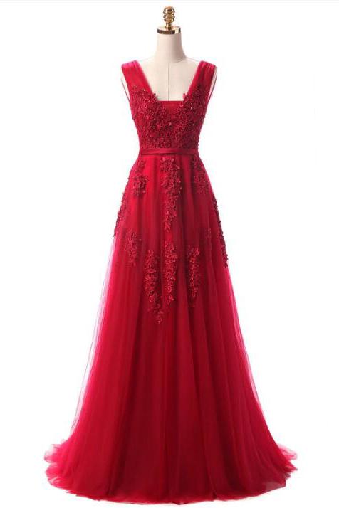 Elegant A Line Tulle Lace Appliques V Neck Backless Beads Red Long Prom Dresses WK41
