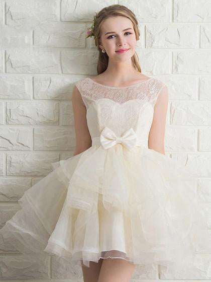 Scoop Neck Lace Tulle Bowknot Organza Lace up Short Prom Dress Homecoming Dresses WK941