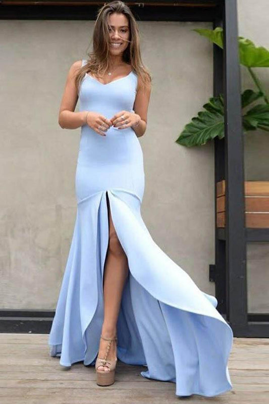Elegant Mermaid Scoop Backless Blue Satin Sweetheart Slit Prom Dresses with Split WK71