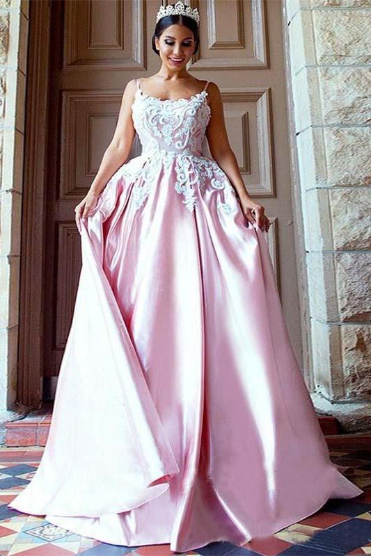 Unique Pink Backless Spaghetti Straps Sweep Train Appliques Long Prom Dresses WK363