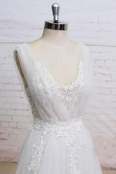Elegant Ivory A Line Plunging Neckline Lace Appliqued Flowers Tulle Wedding Dresses WK649