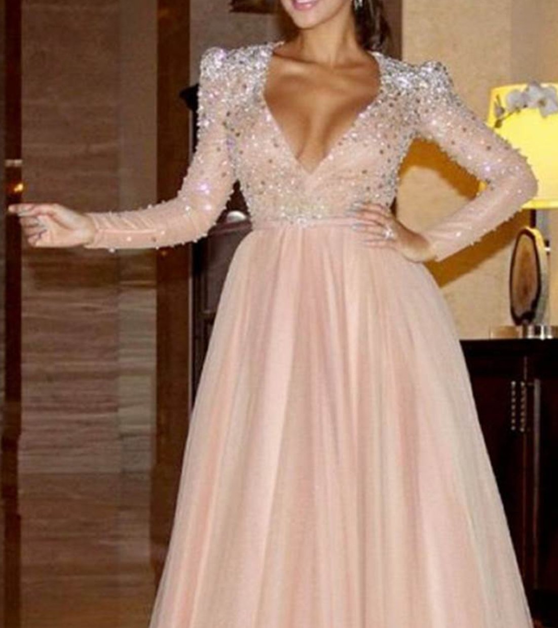 Elegant A Line Long Sleeve Deep V Neck Pink Beads Tulle Long Prom Dresses WK985