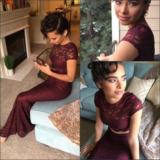 Sexy Two Pieces Burgundy Lace Mermaid Long Short Sleeves Floor Length Prom Dresses WK158