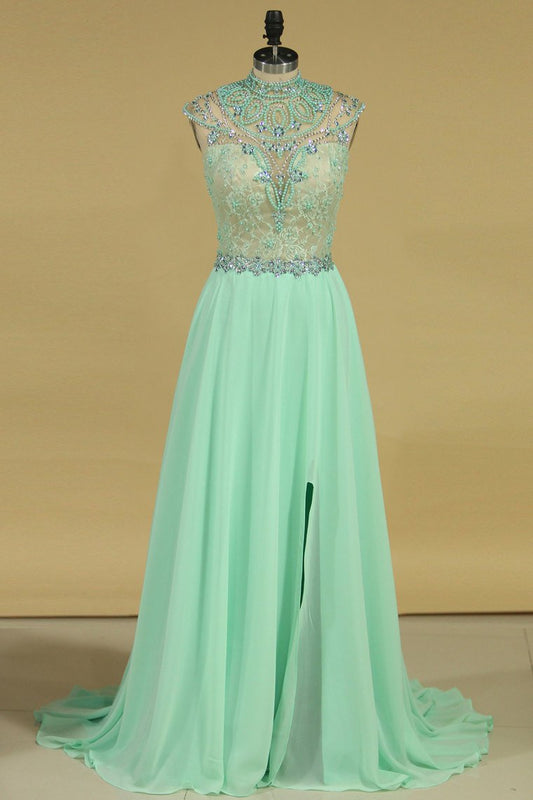 2024 A Line High Neck Prom Dresses Chiffon With Beads And Applique Open Back