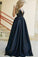 Empire Waist Deep V-Neck Long A-Line Navy Blue Simple Cheap Prom Dresses
