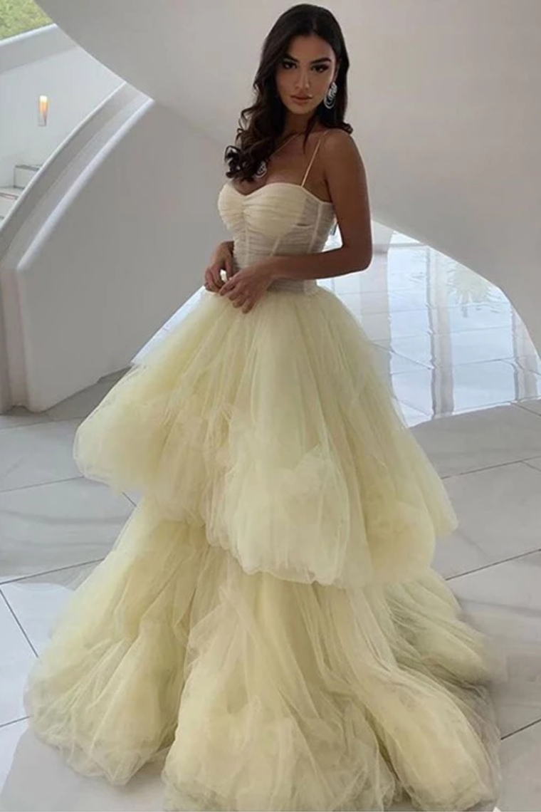 Princess A Line Spaghetti Straps Layers Tulle Prom Dresses, Unique Formal Dress
