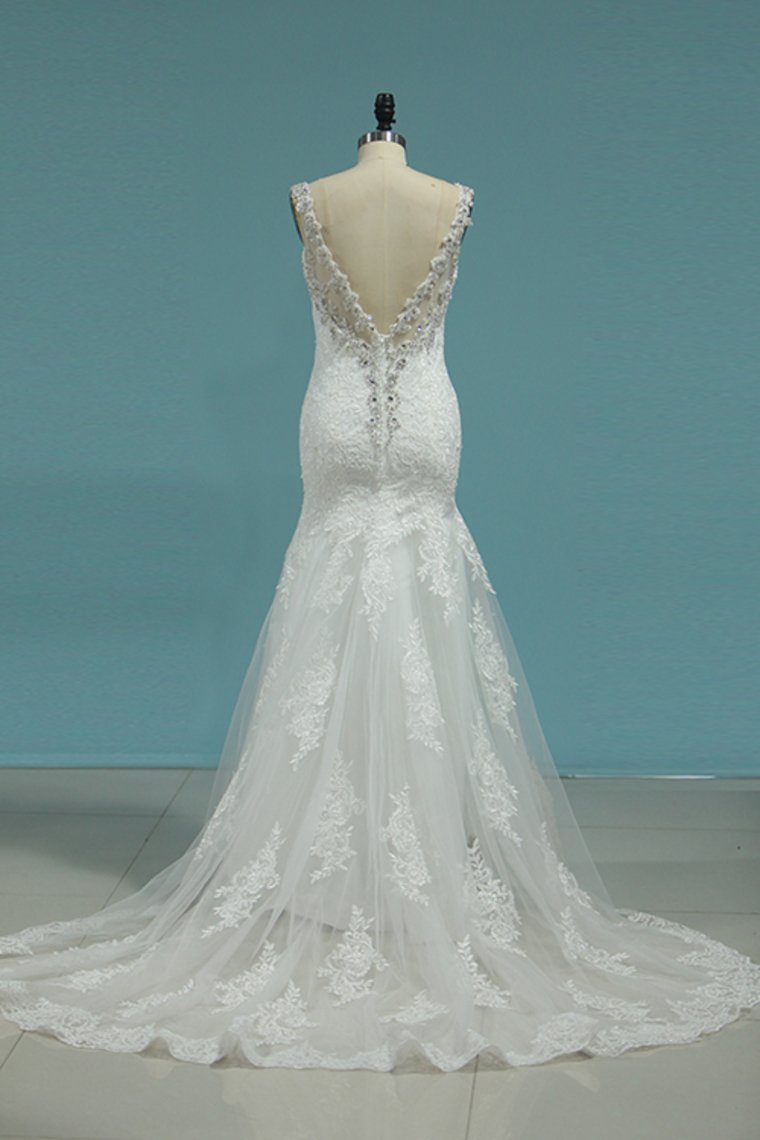Open Back Mermaid Wedding Dresses Spaghetti Straps Tulle With Applique And Beads