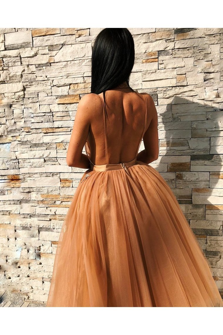 V Neck Backless Floral Prom Gown Homecoming Dresses