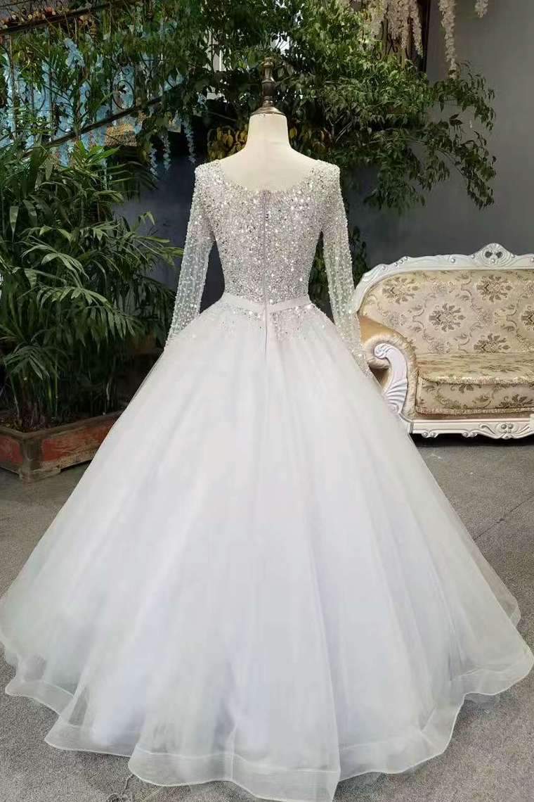 New Arrival Bling Bling Wedding Dresses A-Line Floor Length Zipper Up Long Sleeves With Beaded Bodice