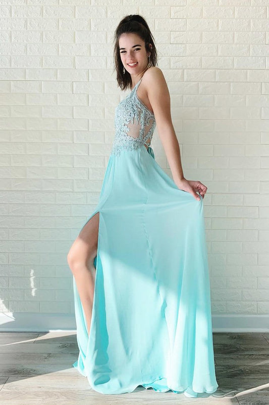 Chiffon Prom Dresses With Applique Sweep Train Spaghtti Straps