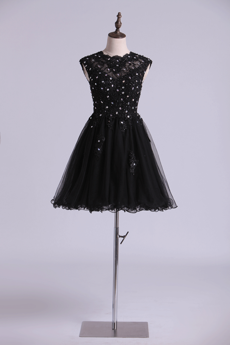 Scoop Prom Dress A Line Tulle Skirt Embellished Bodice With Beads & Applique Cap Sleeve Mini