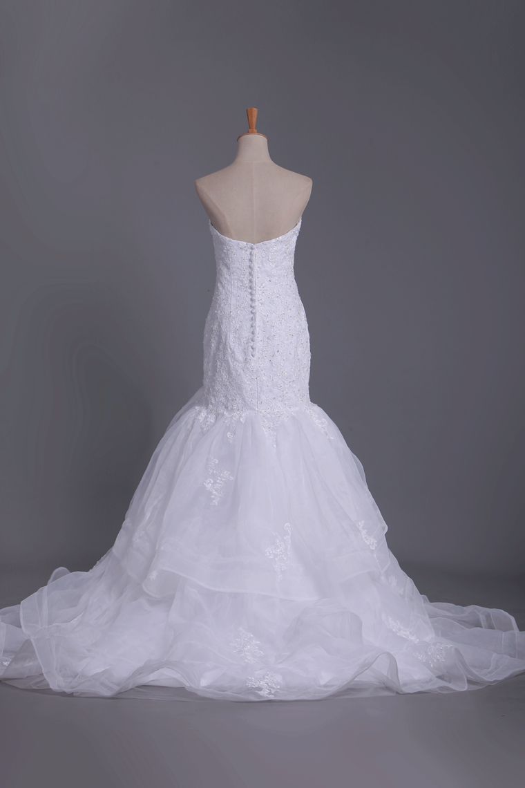 New Arrival Sweetheart Mermaid With Applique And Beads Organza Wedding Dresses