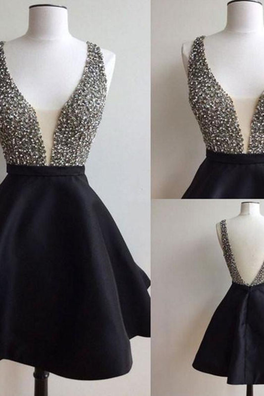 Black Satin Homecoming Dresses Straps A-Line Zipper Up Deep V-Back
