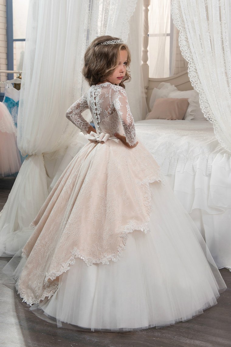 Long Sleeves Flower Girl Dresses Scoop Tulle With Applique And Beads