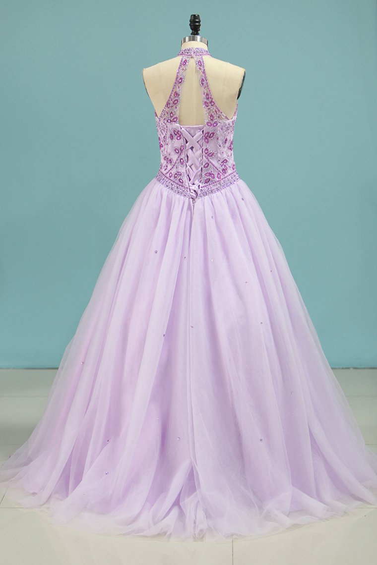 High Neck Quinceanera Dresses Ball Gown With Beading Court Train