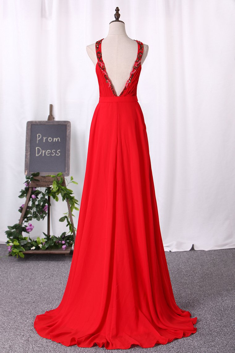 Sexy Open Back Prom Dresses A Line High Neck Chiffon With Ruffles And Beads