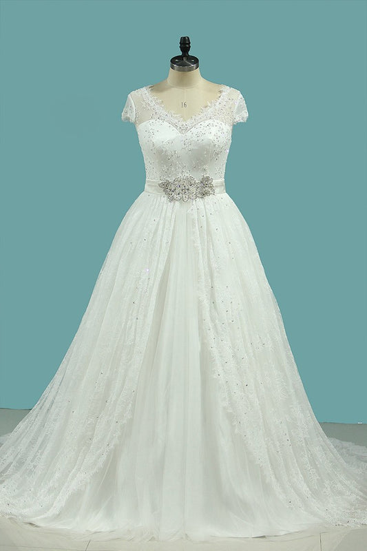 Wedding Dresses A Line V Neck Lace & Tulle With Sash Sweep Train