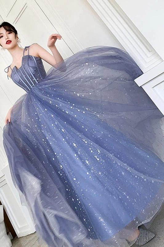 Unique Sparkle Straps Floor Length Tulle Prom Dress A Line Sleeveless Evening Dresses WK980