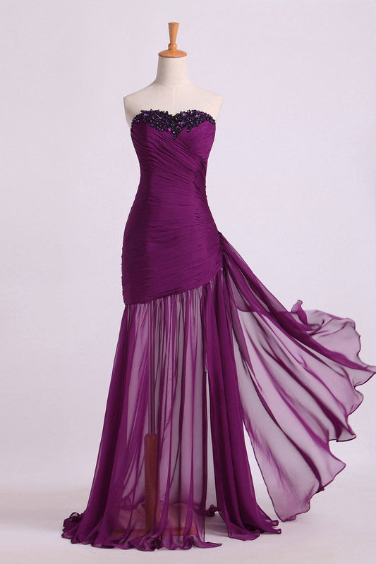 Prom Dresses Ruffled Bodice Sheath/Column With Beads&Applique Floor Length