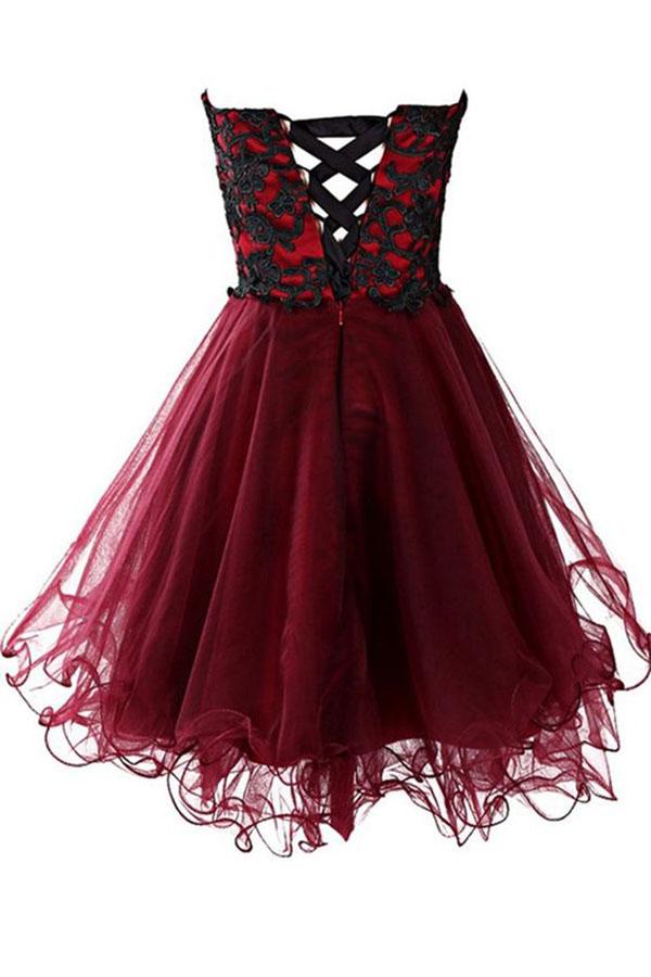Lovely Cute Appliques Burgundy Sweetheart Organza Lace up Short Homecoming Dress WK689