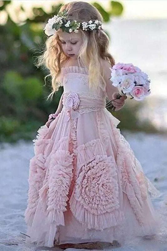 2022 Princess A Line Lovely Long Hand-Made Flower Chiffon Flower Girl Dresses WK672