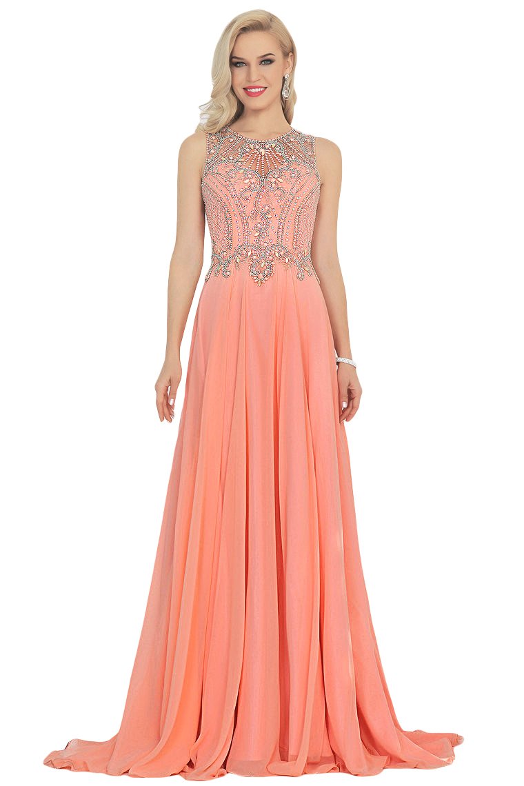 Sexy Open Back Scoop Prom Dresses With Beading Chiffon