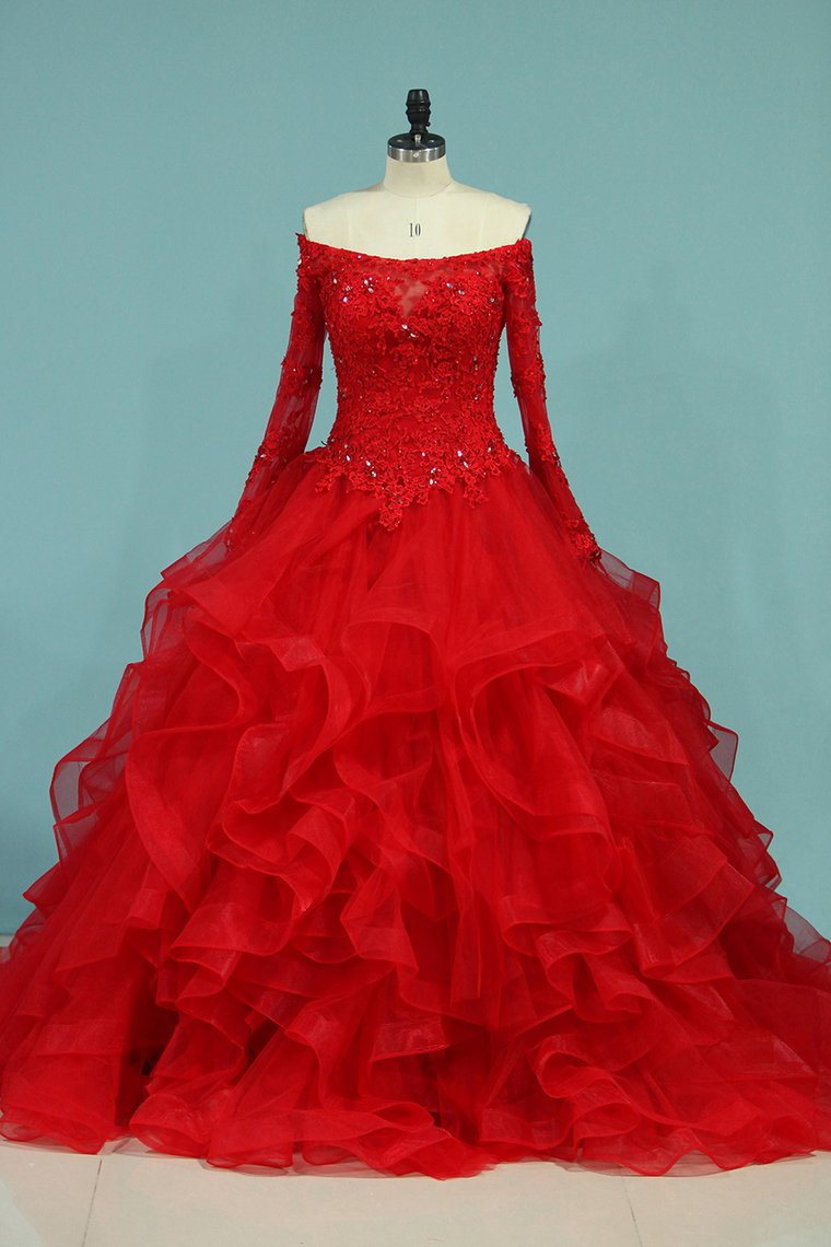 Scoop Long Sleeves Tulle Quinceanera Dresses Ball Gown With Applique