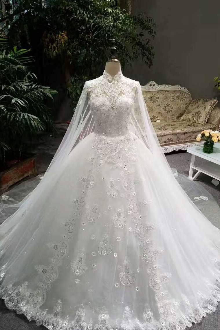 Classical Floor Length Wedding Dresses High Neck Tulle Lace Up With Sequins Appliques Long Shoulder Veils