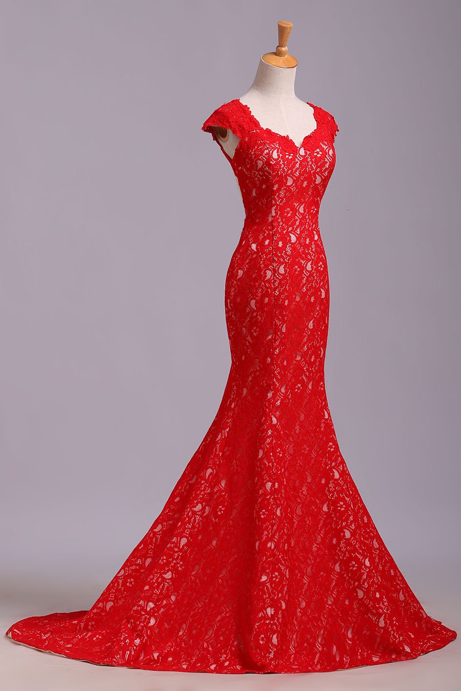 Elegant Red Sweetheart Mermaid Lace Cap Sleeve Open Back Prom Dress Party Dresses WK175