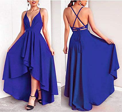 Sexy V Neck Asymmetrical Blue High Low Criss Cross Prom Dresses Evening Dresses WK338