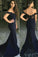 Mermaid Off-the-Shoulder Sweep Train Navy Blue Appliques Satin Prom Dresses WK404