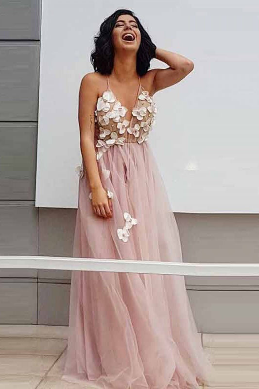 Elegant A-Line Spaghetti Straps Long Pearl Pink Appliques V Neck Backless Prom Dresses WK687