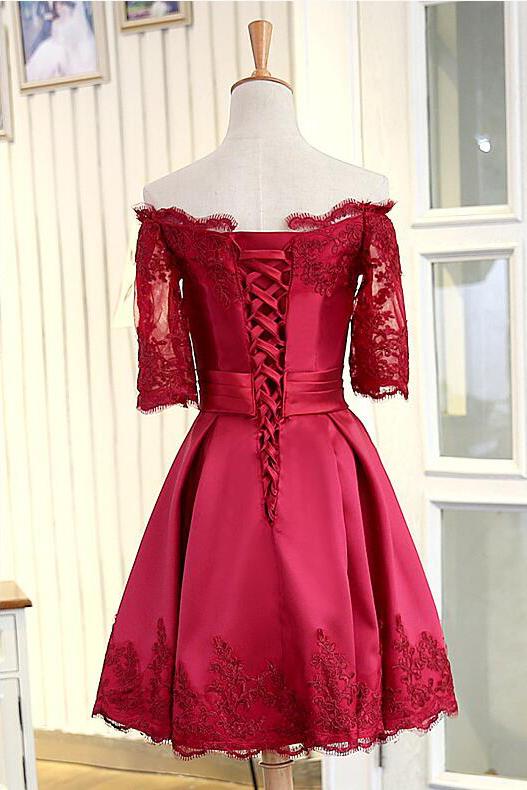 A Line Short Sleeves Satin Lace Appliques Lace up Scoop Short Prom Dress Homecoming Dresses WK752