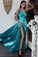 Sexy A Line Split Turquoise V-Neck Green Satin Prom Dresses with High Slit WK633