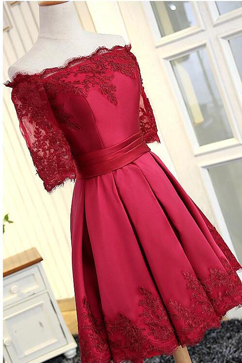 A Line Short Sleeves Satin Lace Appliques Lace up Scoop Short Prom Dress Homecoming Dresses WK752