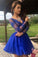Charming A Line V Neck Long Sleeves Royal Blue Lace Short Homecoming Dresses WK979