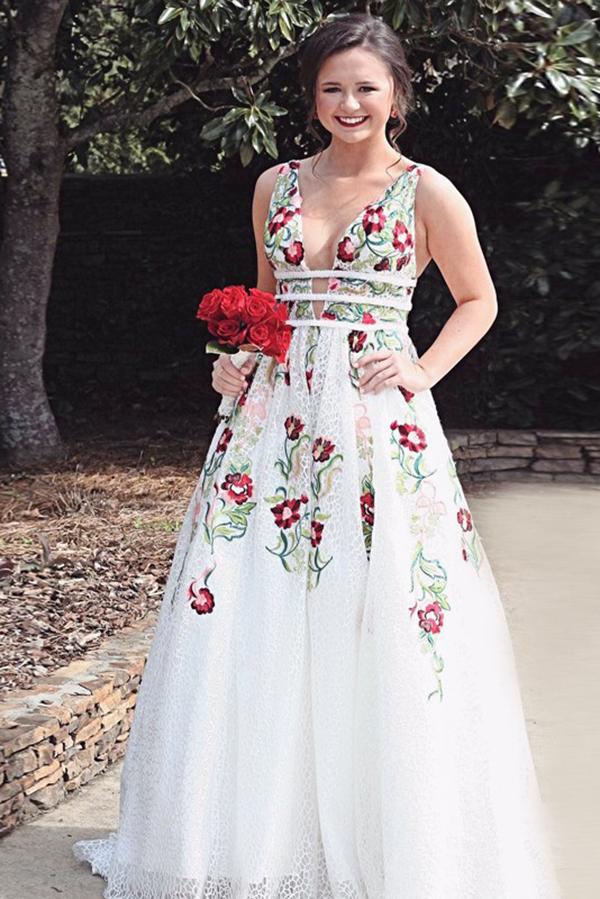 A Line Deep V Neck Ivory Lace Backless Embroidery Party Dresses Printed Prom Dresses WK191