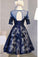 A Line Scoop Navy Blue Knee-length Tulle Short Sleeve Homecoming Dress with Open Back WK792