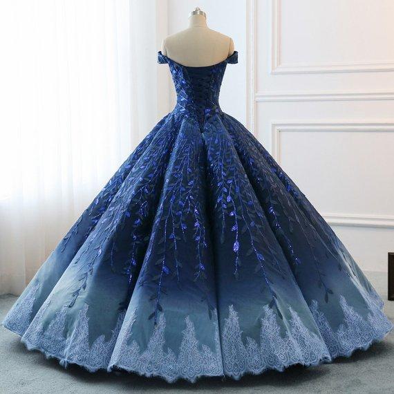 Ball Gown Navy Blue Lace Applique Ombre Off the Shoulder Princess Quinceanera Dresse WK269