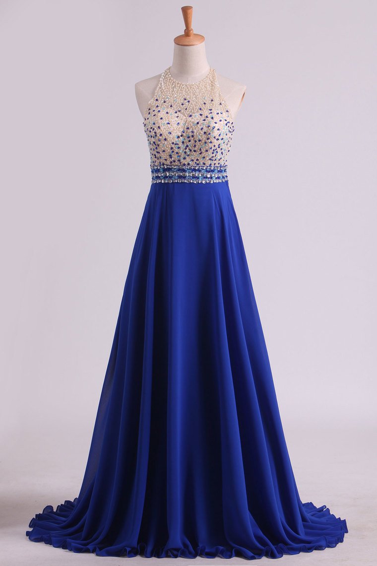 Halter Beaded Bodice Prom Dresses A Line Chiffon & Tulle Sweep Train Backless