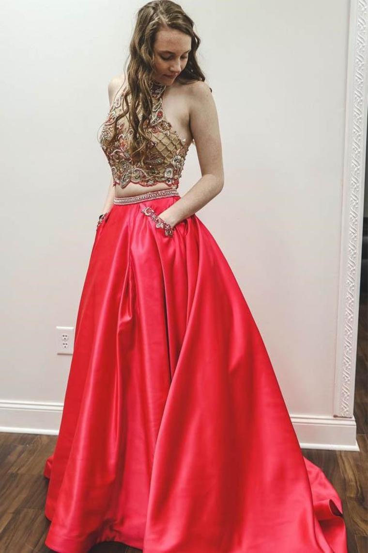 Prom Dresses A-Line Halter Sweep Train Satin Beads&Sequins