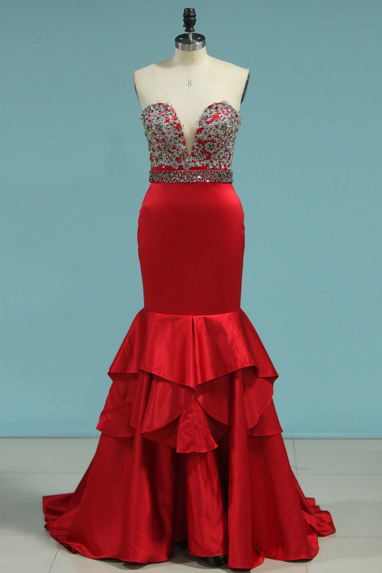 New Arrival Mermaid V Neck Prom Dresses Satin With Beads&Appliques