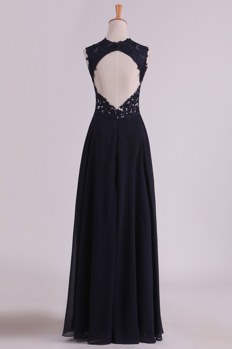 Straps Prom Dresses With Applique And Beads Open Back A Line Chiffon