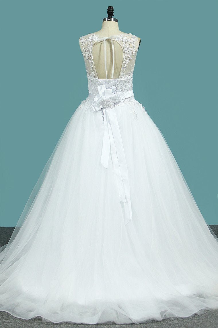 Wedding Dress A-Line Scoop Tulle With Applique And Sash Court Train