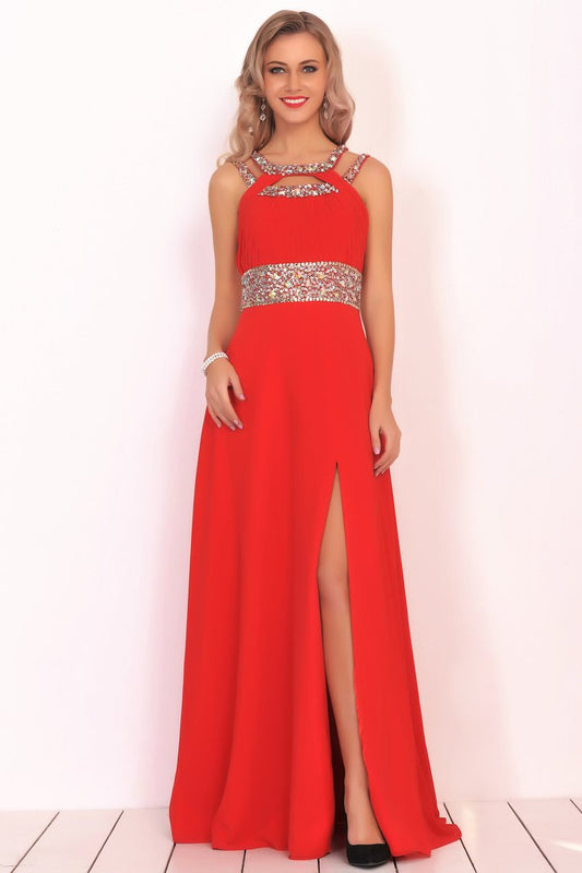 New Arrival Scoop Prom Dresses A Line Chiffon With Beads And Ruffles