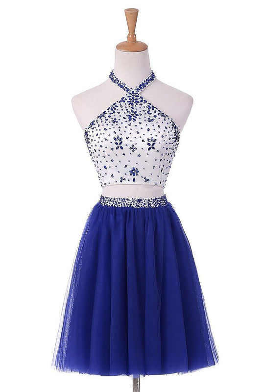 Two-Piece Halter Homecoming Dresses A Line Tulle With Beading