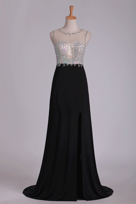 New Arrival Prom Dresses Scoop With Beading And Slit Spandex Sheath