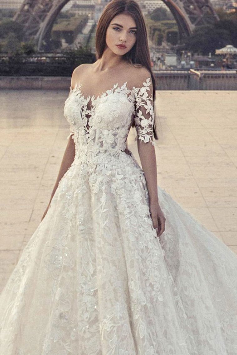 Pretty Half Sleeves Ivory Lace Ball Gown Wedding Dresses Modest Bridal Dresses