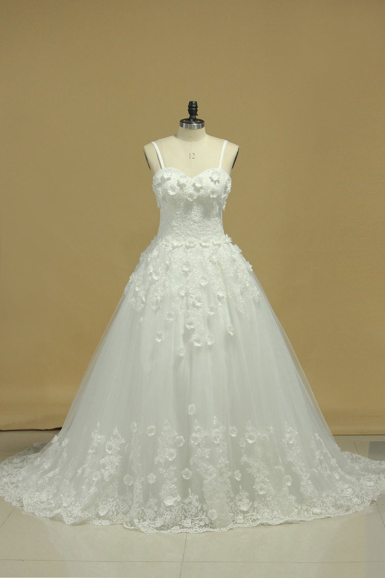A Line Spaghetti Straps Court Train Wedding Dresses Tulle With Applique And Handmade Flowers