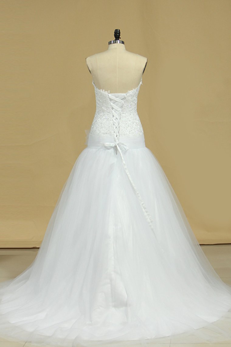 Tulle Sweetheart With Applique Wedding Dresses A Line Sweep Train